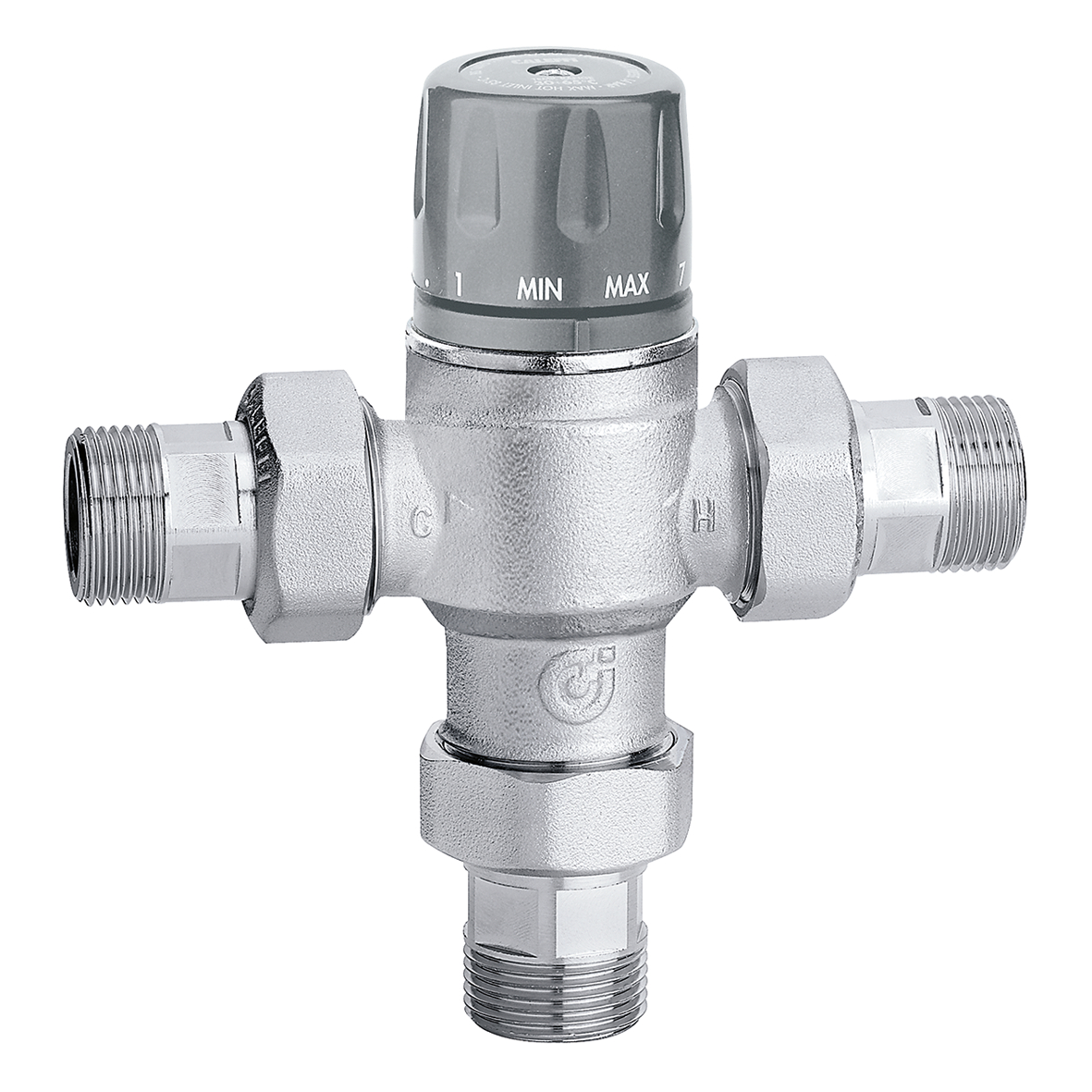 image Miscelatore termostatico regolabile con manopola, con valvole di ritegno e filtri. Per controllo temperatura al punto di distribuzione.